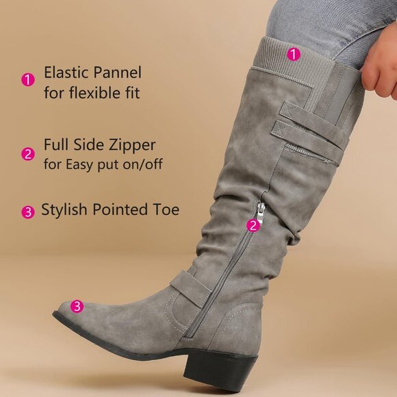 ⚡Women's Grey Extra Wide Calf Knee High Boots Knee High Boots Low Stacked Heel - Picture 4 of 6